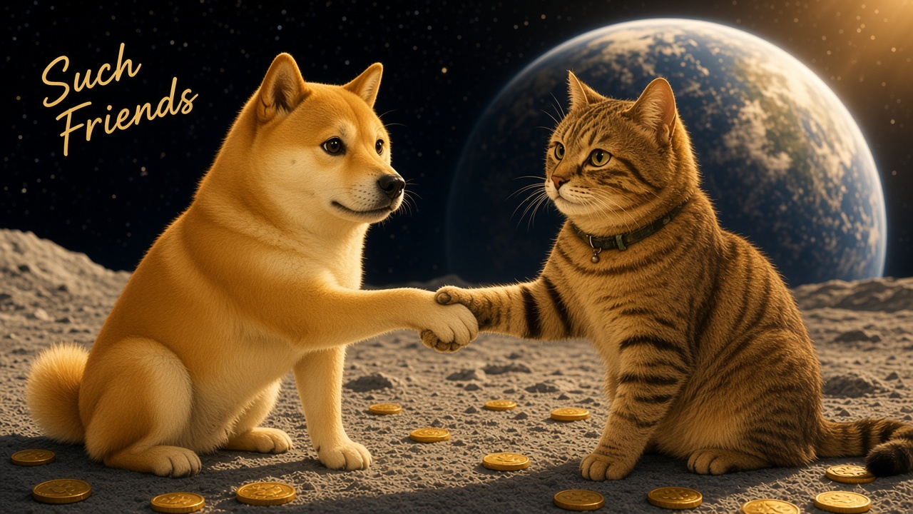 Ginnan and Kabosu shaking paws on the moon